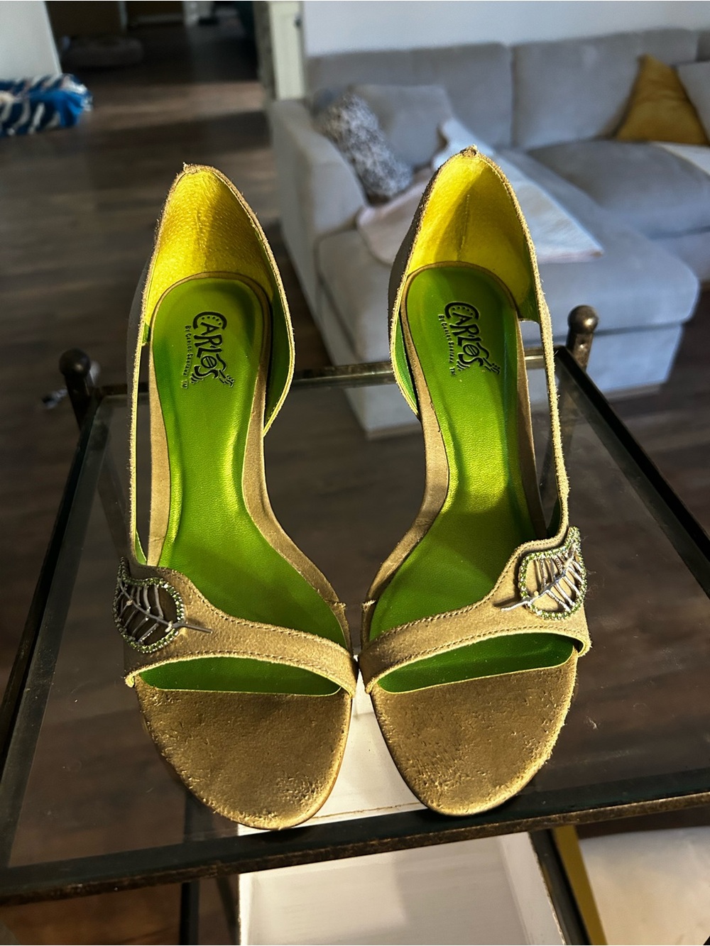 Carlos Santana Metallic Gold Open-Toe Heels with Green Insole